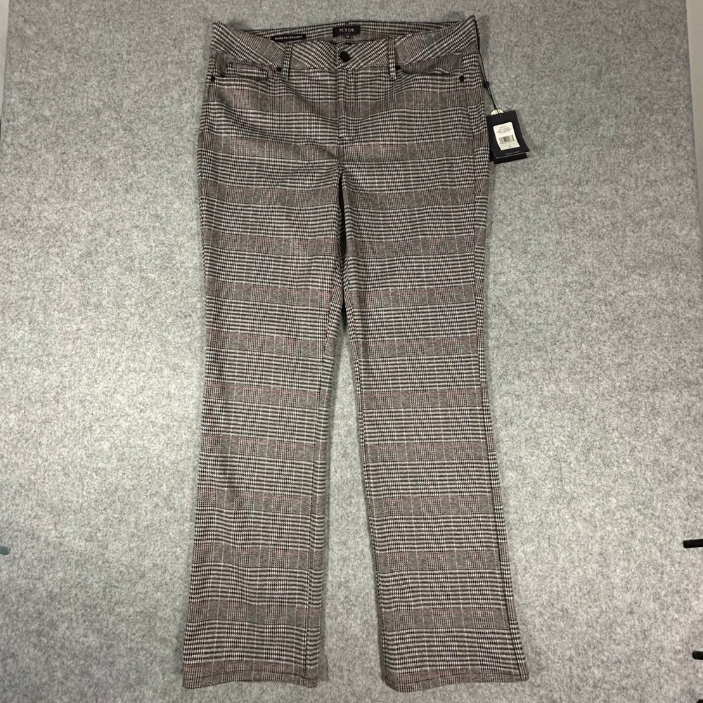 NYDJ Marilyn Straight Leg Pants Womens 12 Brown Plaid Red Lift Tuck Stretch